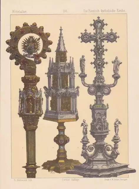 Römisch-katholische Kirche Reliquien Pastoralstab LITHOGRAPHIE von 1883