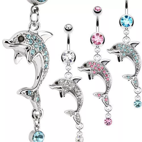 Dolphin Dangle Belly Ring Paved W/ Multi CZ Gems Pierced Navel Naval 14g