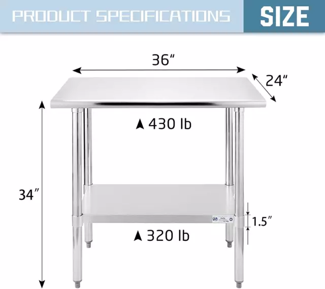 Hally Stainless Steel Table for Prep & Work 24 X 36 Inches, NSF Commercial Heavy 3