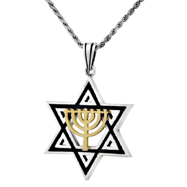 Sterling Silver Gold Star Of David Men Pendant Temple Menorah Judaica Necklace