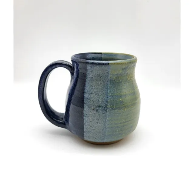 VTG 2001 Studio Art Wheel Thrown Pottery Mug Split Blue Green Drip Glaze Signed