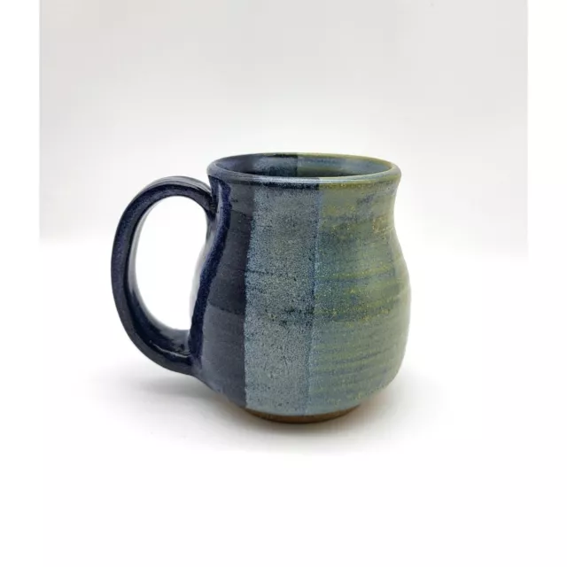 VTG 2001 Studio Art Wheel Thrown Pottery Mug Split Blue Green Drip Glaze Signed VTG 2001 Studio Art Wheel Thrown Pottery Mug Split Blue Green Drip Glaze Signed