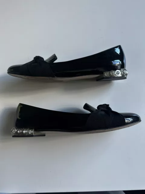 Miu Miu Rhinestone Heel Embellished Loafer Flats Patent Leather Black 39