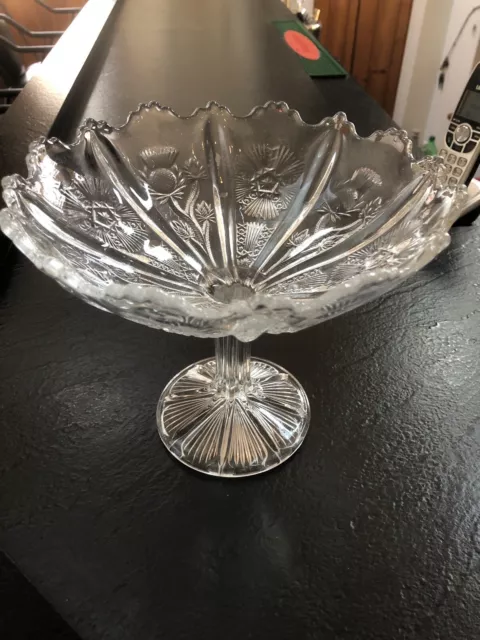 Antique American Brilliant Cut Glass Crystal Abp Bowl Stars Thistles Pedestal