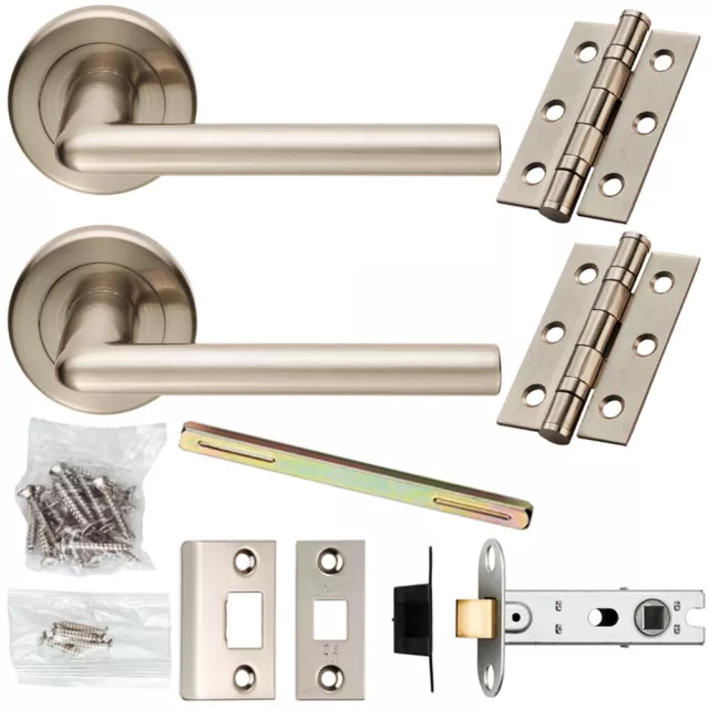 Door Handle & Latch Pack Satin Nickel Slim Straight Lever Screwless Round Rose