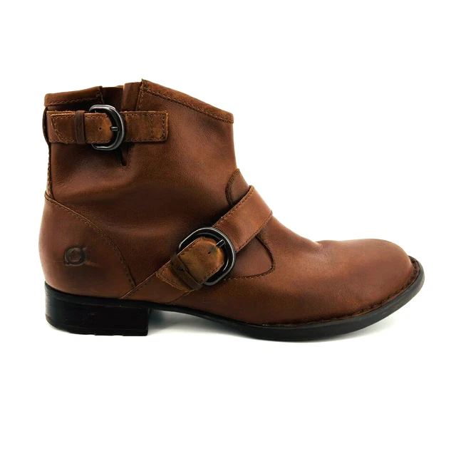 BORN LOW ANKLE Boots Bootie Womens 7 Tan Brown Leather Double Zipper Med Heel 44.99 PicClick