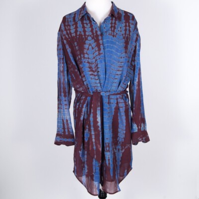 NWT KAS New York Shirt Dress Button Up Knee Length Sheer Blue/brown Tie Dye S