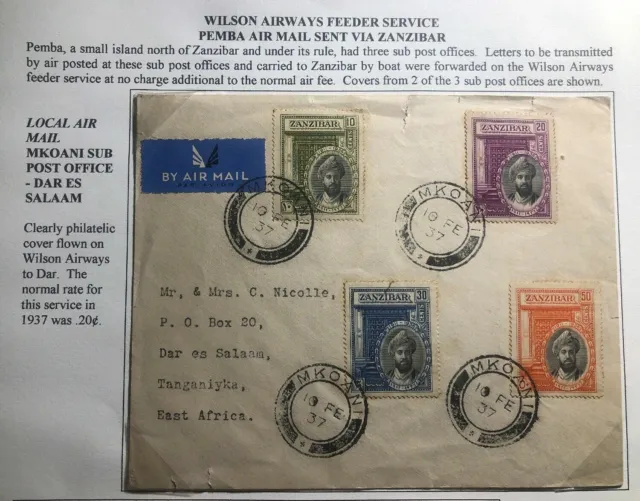 1937 Mkoani Zanzibar First Flight Airmail Cover FFC To Dar Es Salaam Tanganyika