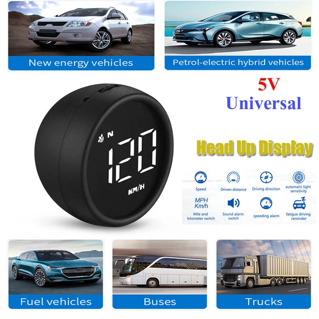 Car HUD Head Up Display Circular LED Speedometer Speed Alarm GPS Compass 12V-24V