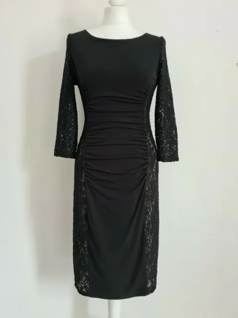 Phase Eight black ruched dress with lace sleeves size 12 occasion, flattering