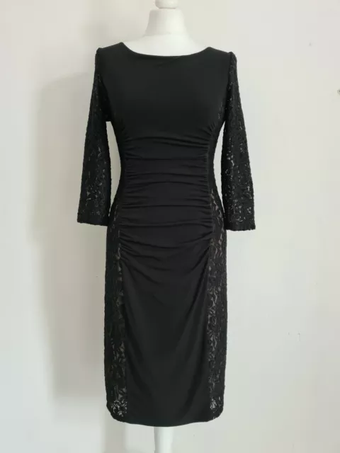Phase Eight black ruched dress with lace sleeves size 12 occasion, flattering