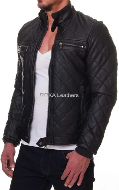 Fashionable Men Authentic Lambskin Real Leather Jacket Black Quilted Bomber Coat