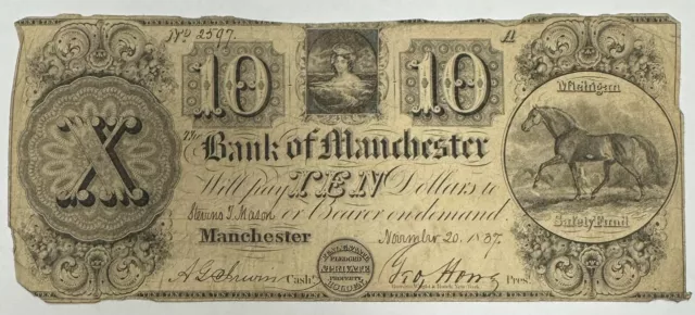 1837 $10 Bank of Manchester, Michigan  Obsolete Note