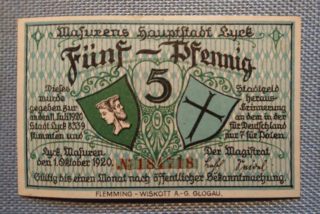 Token Old 5 Pfennig Masurens Capital Lyck East Prussia 1. October 1920