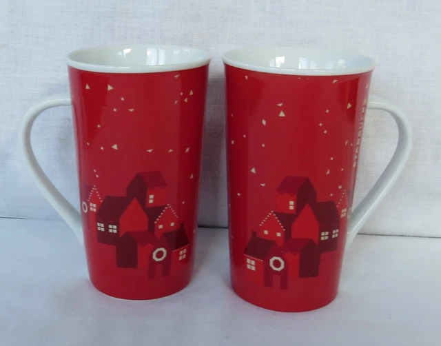 Lot of 2 Starbucks 2013 Holiday Christmas Coffee Mugs Red Village 16oz Tall-Nice