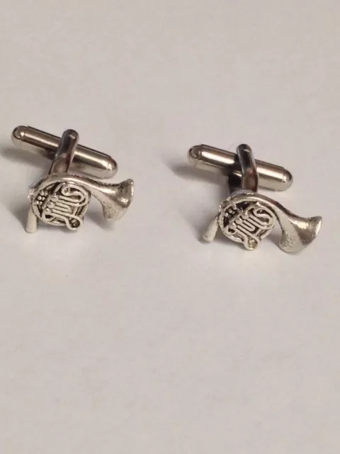 Small French Horn PT215 Silver Emblem on a Pair Of Cufflinks weddings birthday