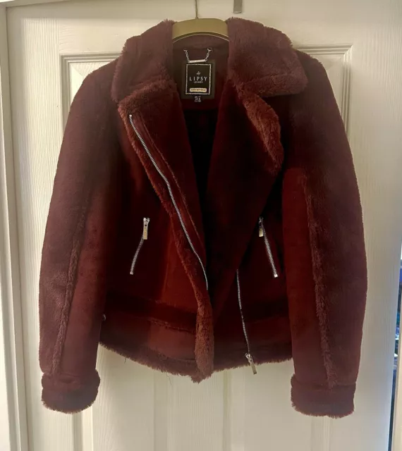 Lipsy Burgundy Suede & Faux fur Flying Jacket Small UK12 Fashion Coat Red UK8/10