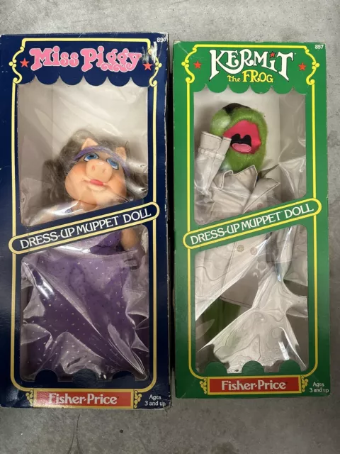 Vintage 1981 Fisher Price Kermit the frog & Miss piggy Dress Up Muppet doll 14"