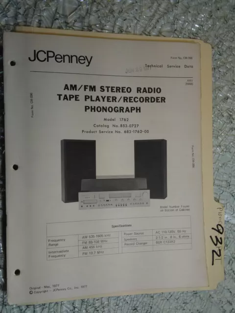 JC Penny jcp 1762 service manual original repair book stereo radio turntable