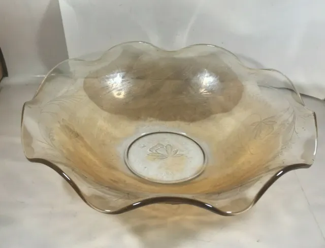 Vintage Amber Glass Etched Floral Fluted Edge Centerpiece Bowl