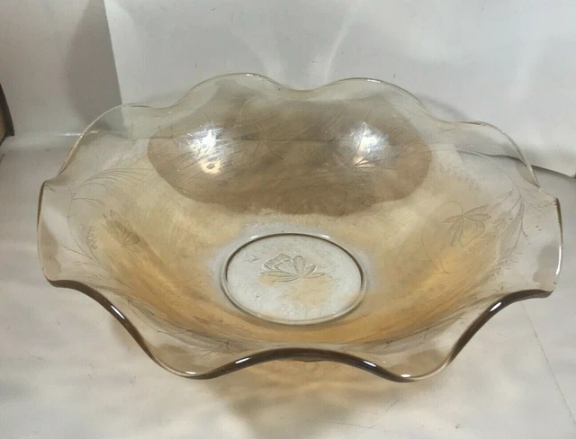 Vintage Amber Glass Etched Floral Fluted Edge Centerpiece Bowl