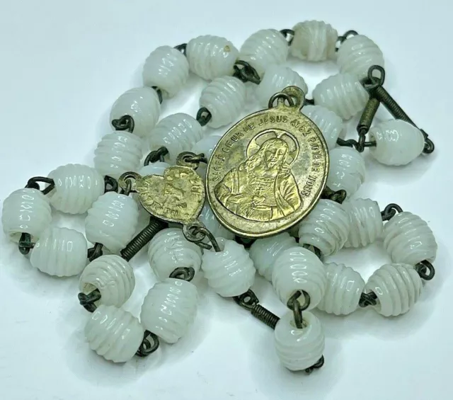 † Antique Brass "Crown Of Our Sacred Heart" Mary & Jesus Glass Chaplet Rosary †