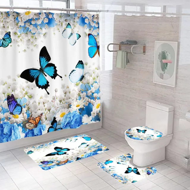 Butterfly Shower Curtain Bathroom Carpet Set Bath Mat Non-Slip Toilet Seat Lid