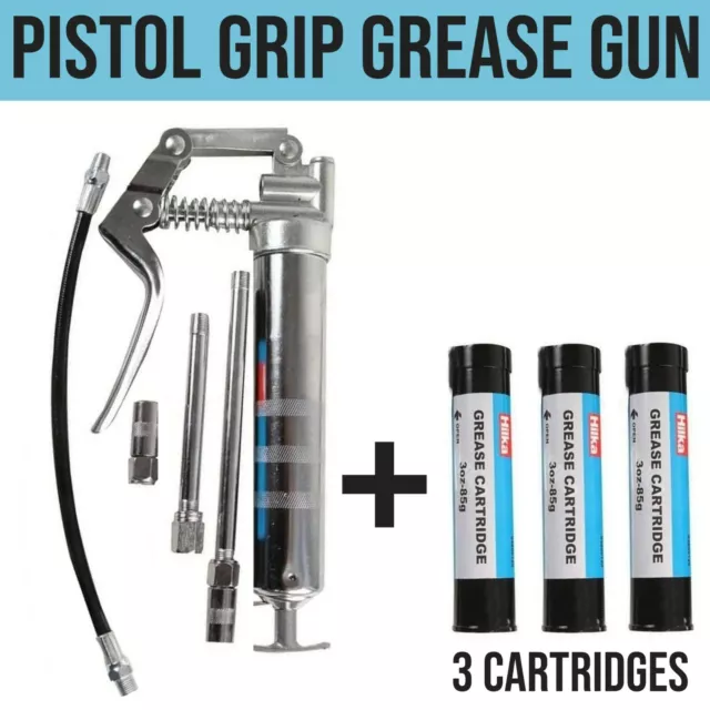 Pistol Grip Grease Gun with 3 Cartridges 120cc Manual One Handed Greasing Set UK