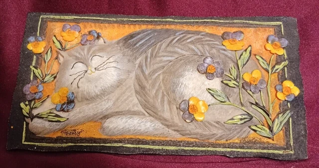 VTG Smithson 3D Kitty Resin Wall Plaque “Pansy” Sleeping Gray Cat Folk Art