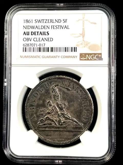 Switzerland 1861 Nidwalden Shooting Thaler *NGC AU Details* Very Scarce Looks OK