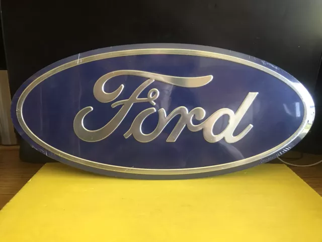 Ford Blue Oval Metal Sign 9.25” Tall 20” Long New Wrapped Plastic For Mancave