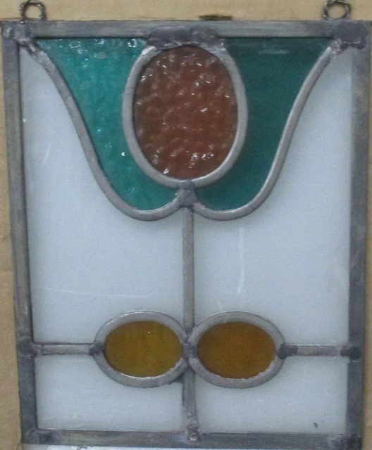 OLD ENGLISH LEADED STAINED GLASS WINDOW Unframed w Hooks Abst Floral 8" x 10.25"