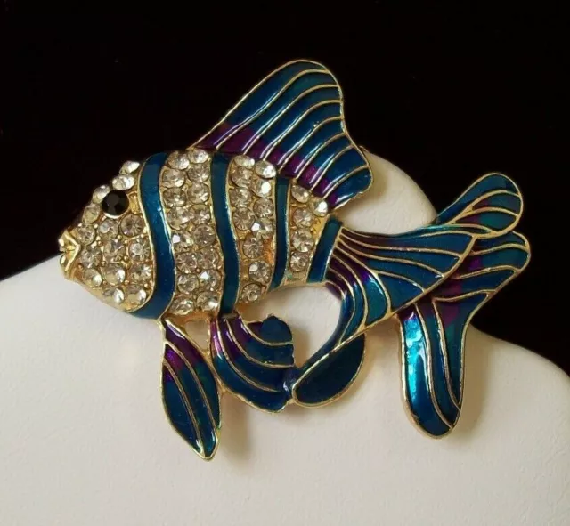 Betsey Johnson Fish Pin/Pendant Chain Necklace Blue Enamel Gold-Tone w/Crystals