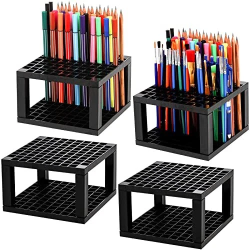 4-Pack 96 Holes Pencil & Brush Holder - Plastic Desk Organizer Stand Holder