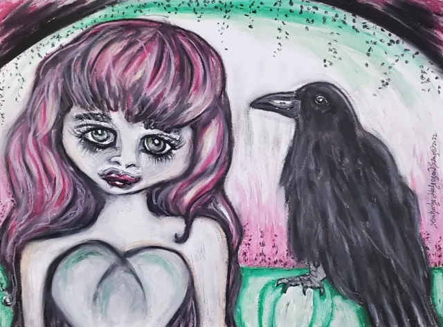 ACEO Girl with Raven Crow Art Print, Gifts 2.5 x 3.5 Gothic Artist KSams