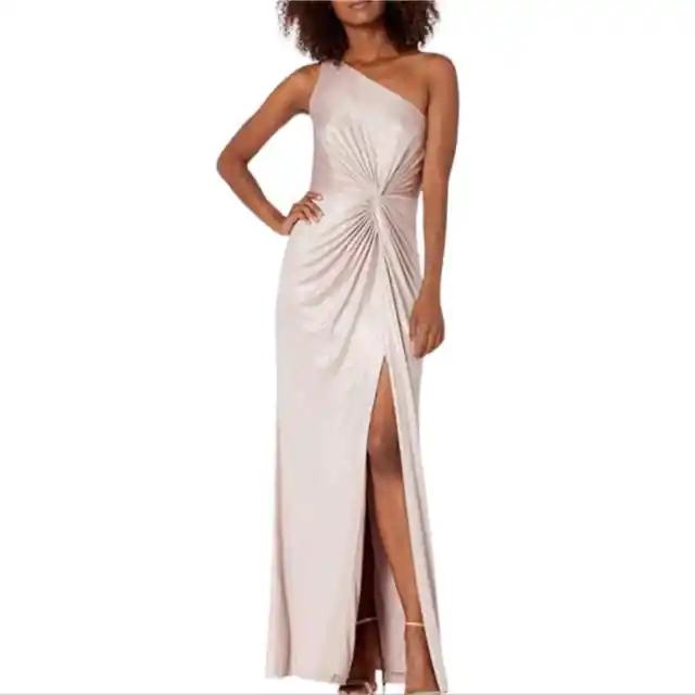 Adrianna Papell blush one shoulder knotted front metallic high slit dress sz 10