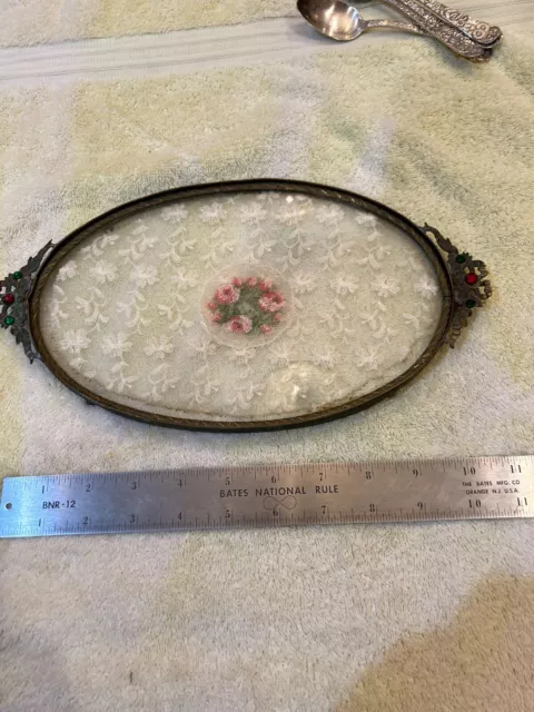 Antique Vanity Tray  Lace under Glass Jeweled