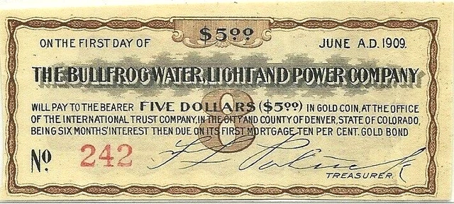 1905 Grenouille-Taureau Eau Léger & Puissance Co Bond Coupon ~ Rhyolite Nevada