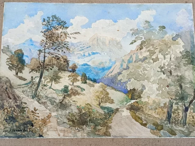 Aquarelles Ancienne Signée Achille Clément Les Rochers Des Fiz 1903 Alpes 26X18