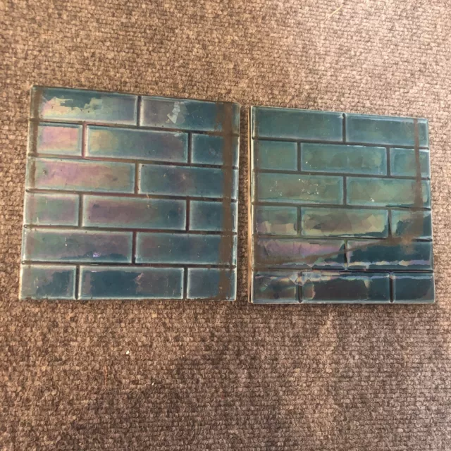 2 Antique Blue Small Brick Effect Tiles Edwardian Fireplace