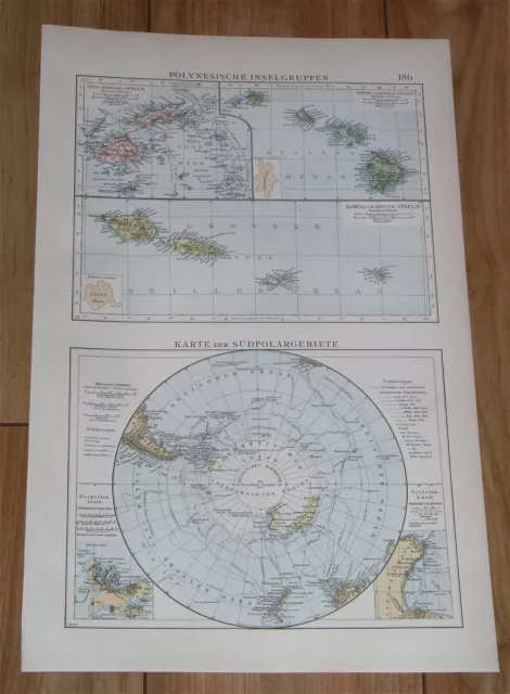 1898 Antique Map Of Antarctica  South Pole Polar / Hawaii Fiji German Samoa