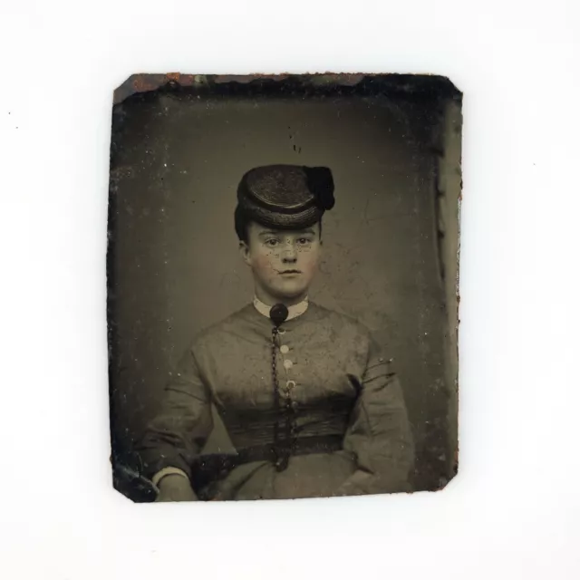 Tilted Hat Young Woman Tintype c1870 Antique 1/16 Plate Lady Girl Photo D1411
