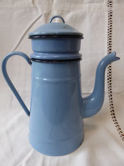 LOVELY BLUE DECORATIVE VINTAGE FRENCH ENAMEL CAFETIERE / COFFEE POT 1940's 50's