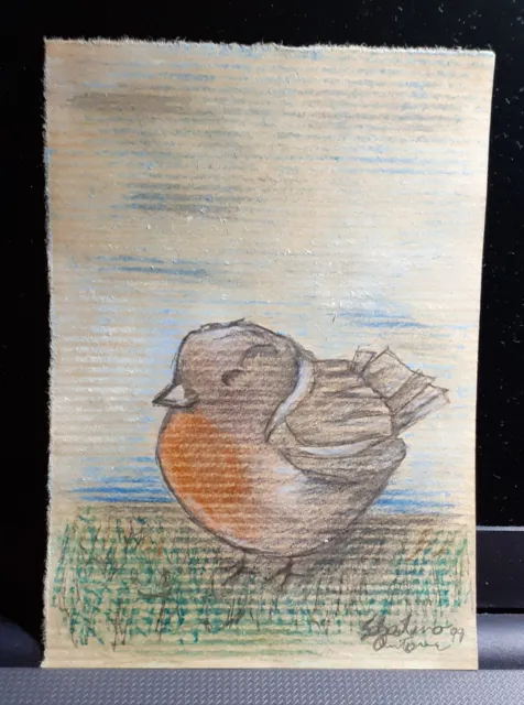 Disegno Pettirosso Uccellino Su Carta Paglia 10,5 X 15 Bello Arredo Casa Arte