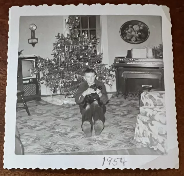 VTG 1954 Found Photo Christmas Tree Boy Puppy MCM Living Room Television Organ