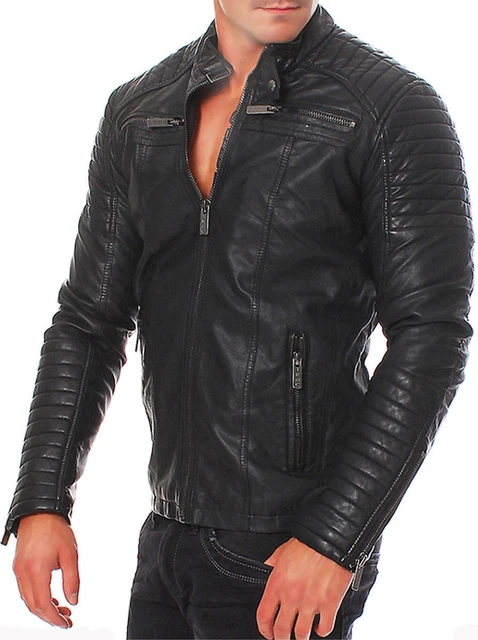 Herren Schwarz Echtleder Jacke Slim Fit Echtleder Vintage Bikerjacke Neu