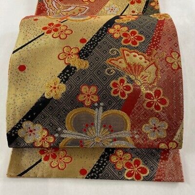 Woman Japanese Kimono Fukuro-obi Silk Gold Red Black Foil Plum Blossom Butterfly