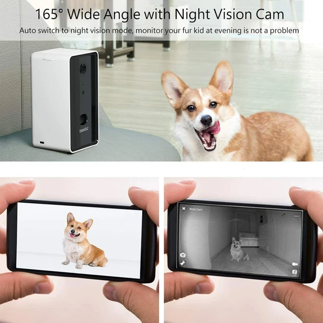 Cámara inteligente para mascotas Iseebiz, dispensador de tratamiento para cámara para perros, audio de 2 vías,