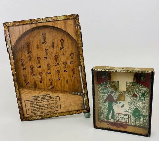 LOT 2 VINTAGE Handheld Games Bagatelle Bug House Wooden Tin Litho