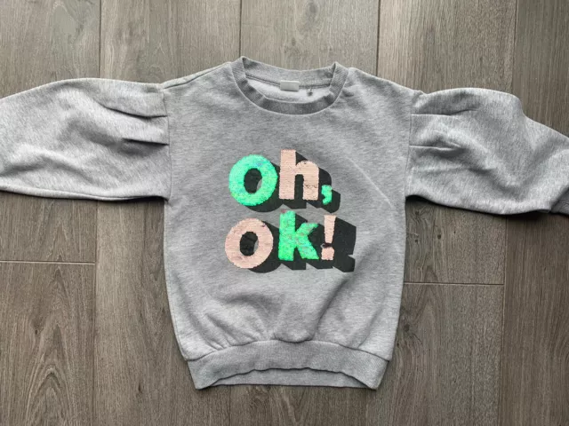Next Girls Grey Colour Sequin Sweatshirt “Oh Ok” Age 5 Years